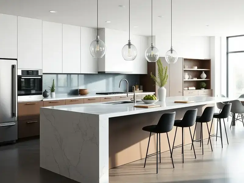 Contemporary kitchen island with waterfall edge and integrated seating