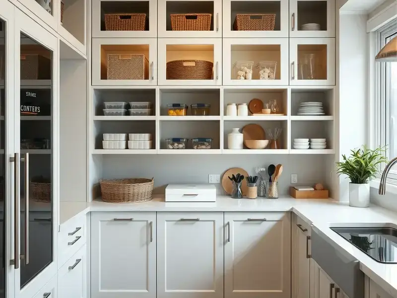 Custom built-in storage and pantry system in modern kitchen