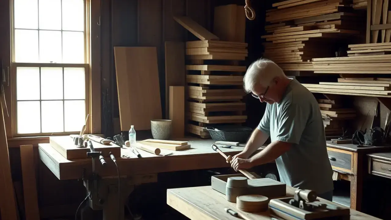 David Williams working in his original garage workshop with 1998 woodworking tools