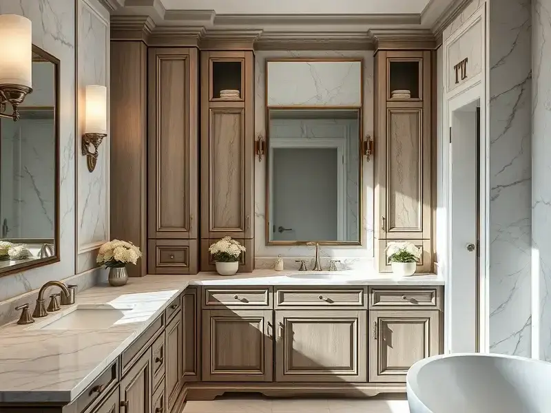 Luxury bathroom vanity with marble countertops and custom storage