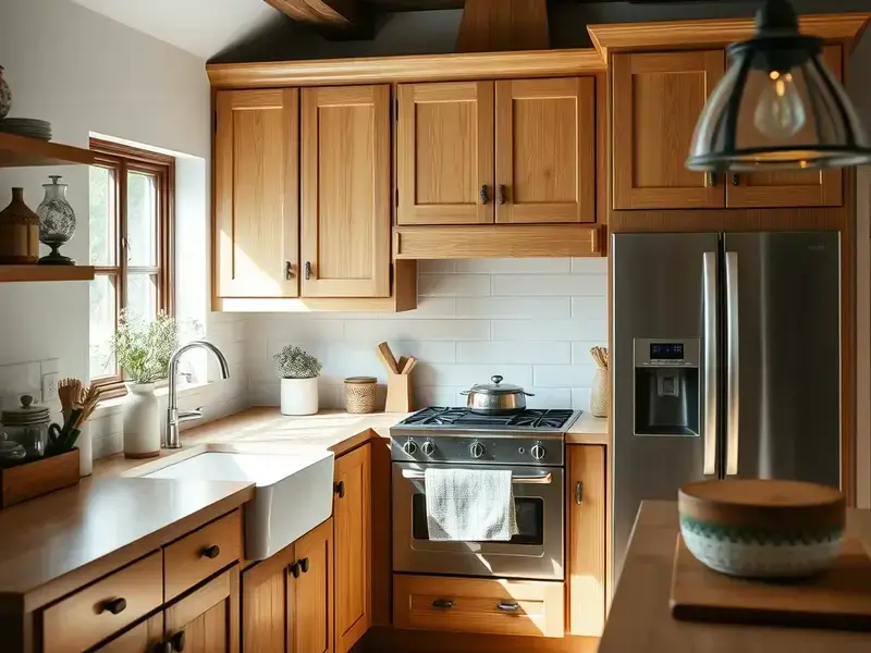 Rustic farmhouse kitchen with custom shaker cabinets in warm oak finish