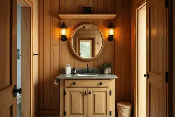 Rustic farmhouse style bathroom vanity with wooden doors