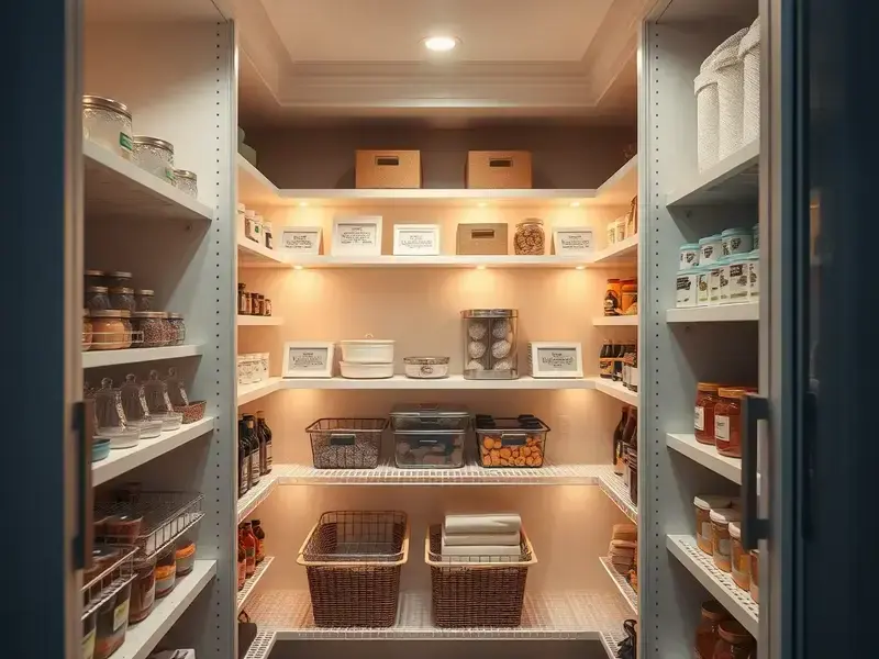 Interior view of custom walk-in pantry with adjustable shelving